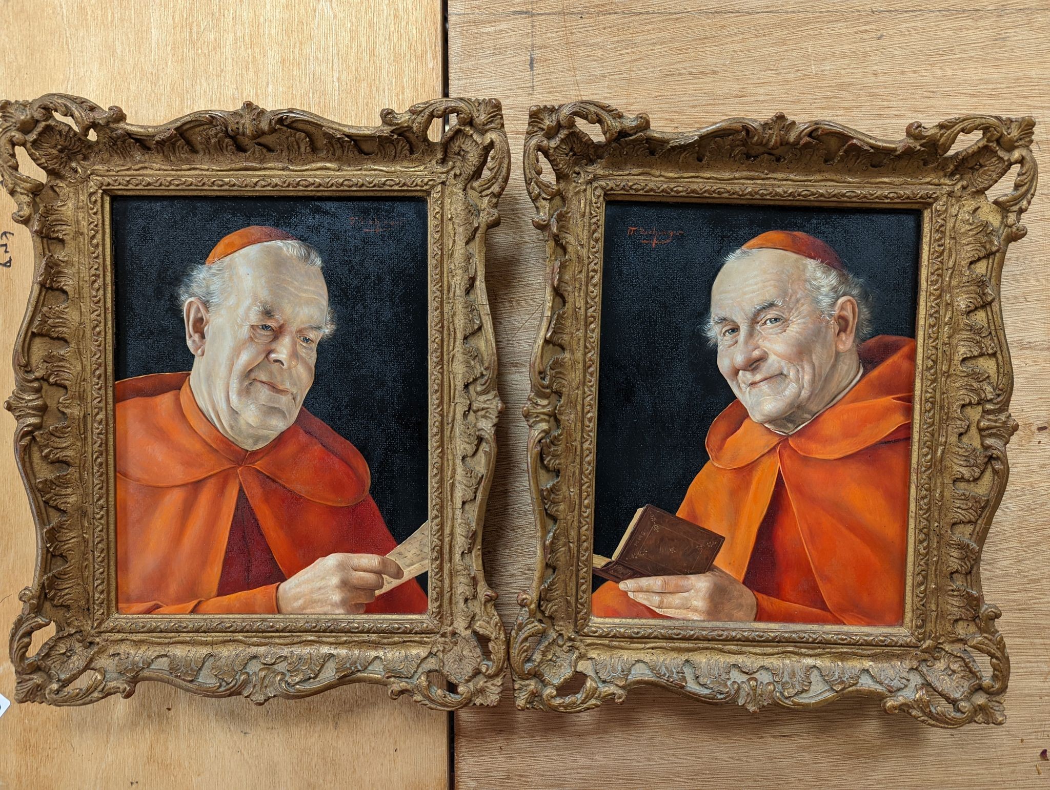 Otto Eichinger (1922-2004), pair of oils on board, The Erudite Monk and Monk reading a letter, both signed, 26 x 19cm